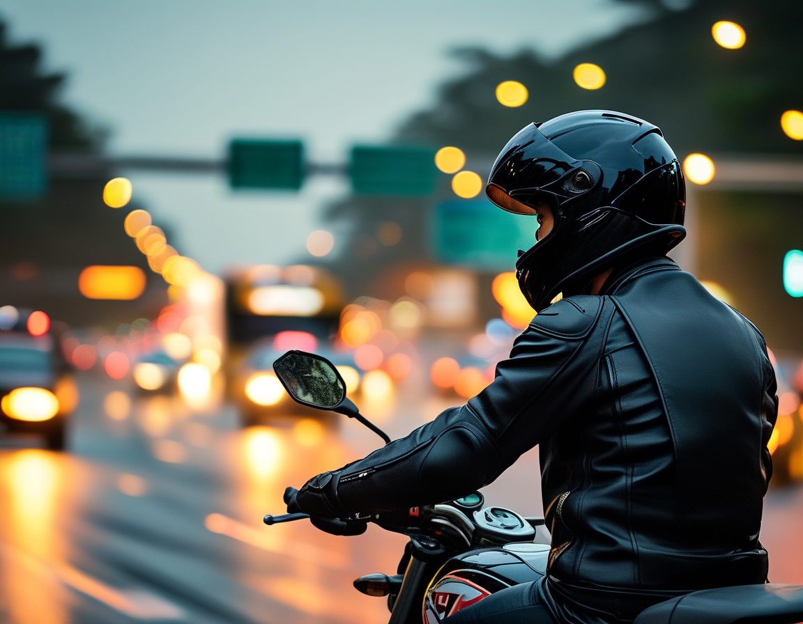A motorcycle rider without a helmet navigating a busy road, illustrating the importance of safety accessories in preventing accidents. Traffic signs and vehicles can be seen in the background, emphasizing the dangers riders face during the holiday season.