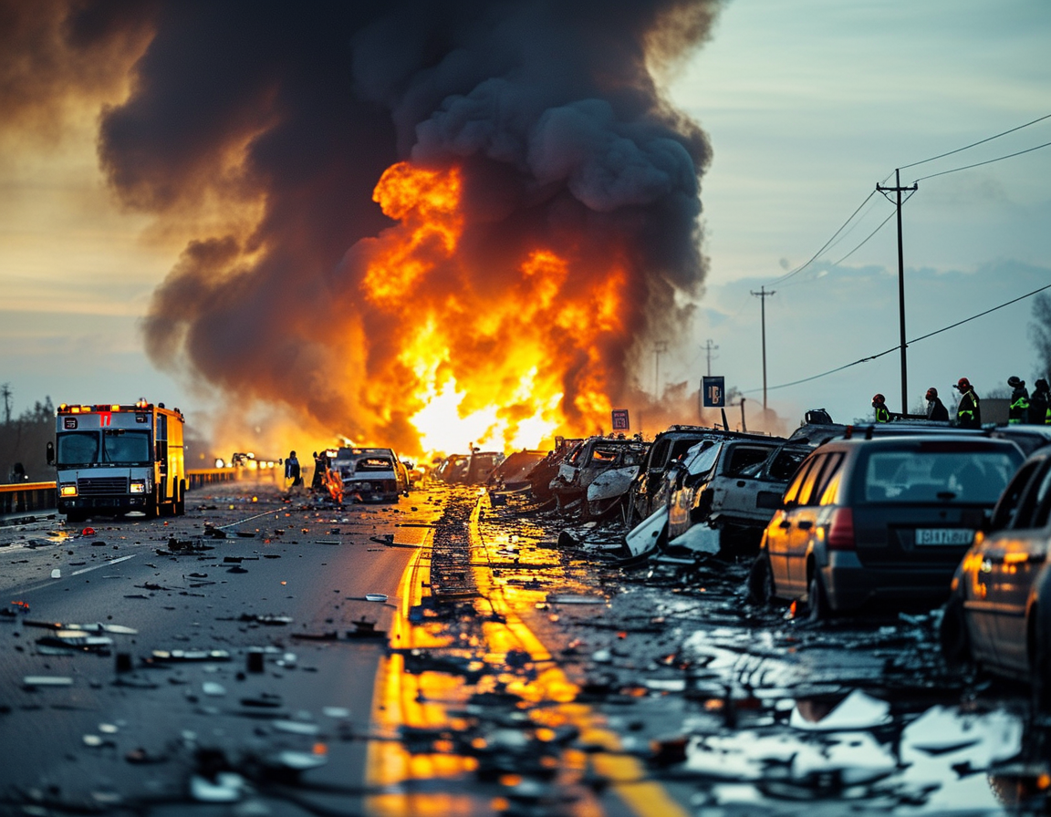 The aftermath of the crash shows mangled vehicles on the 134 Freeway, with emergency responders working on the scene and smoke rising from a burning car, capturing the chaos of the accident.
