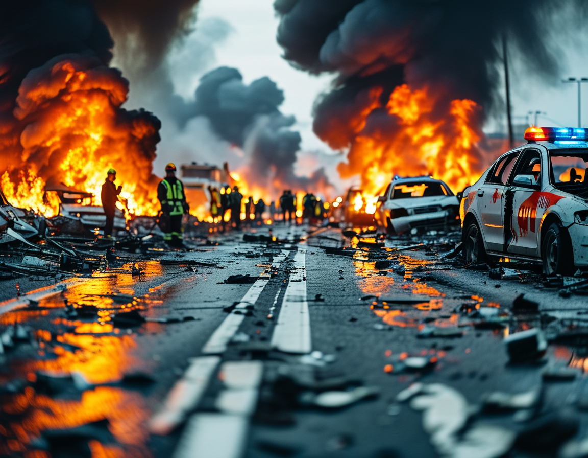 A close-up view of a vehicle engulfed in flames on the freeway, surrounded by debris and emergency personnel, illustrating the severity of the wrong-way crash.