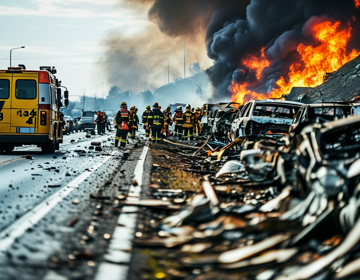 A somber image of police officers blocking traffic while investigating the crash site, with onlookers and emergency vehicles in the background, emphasizing the tragic consequences of reckless driving.