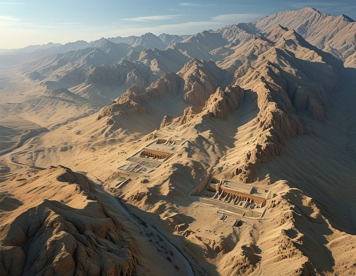 An aerial view of the Valley of the Kings, showcasing its rugged mountains and hidden tomb entrances etched into the landscape, capturing the essence of ancient Egyptian burial practices.