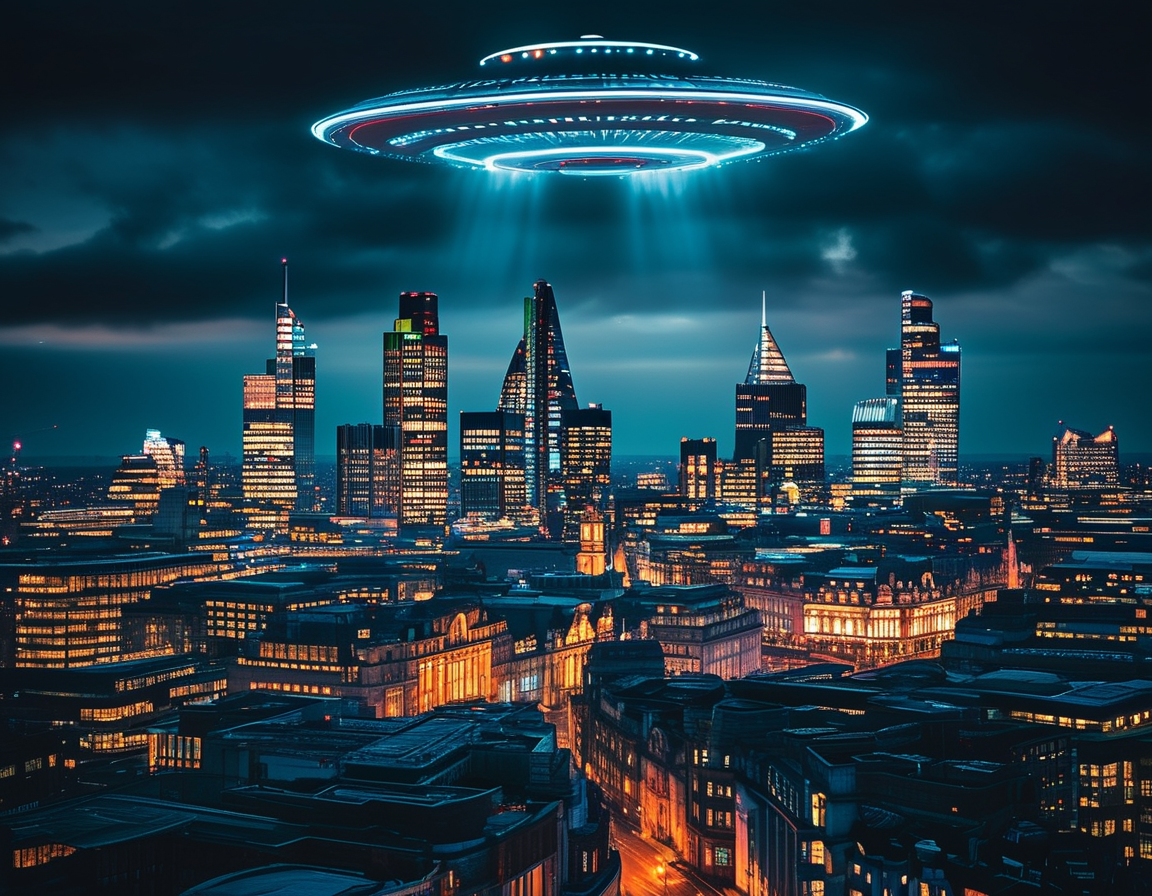 A nighttime skyline of a bustling UK city illuminated by lights, with an overlay of mysterious shapes in the sky suggesting UFO activity, capturing the blend of urban life and the unexplained.