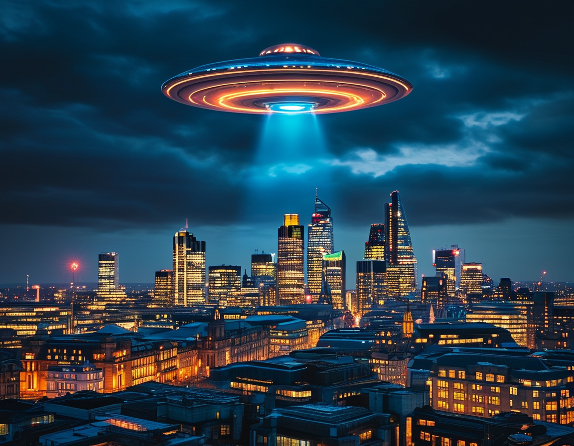 A dramatic shot of Cradle Hill in Warminster, with silhouettes of people gazing upwards, capturing the allure of UFO watching amid the serene hills under a starry night.
