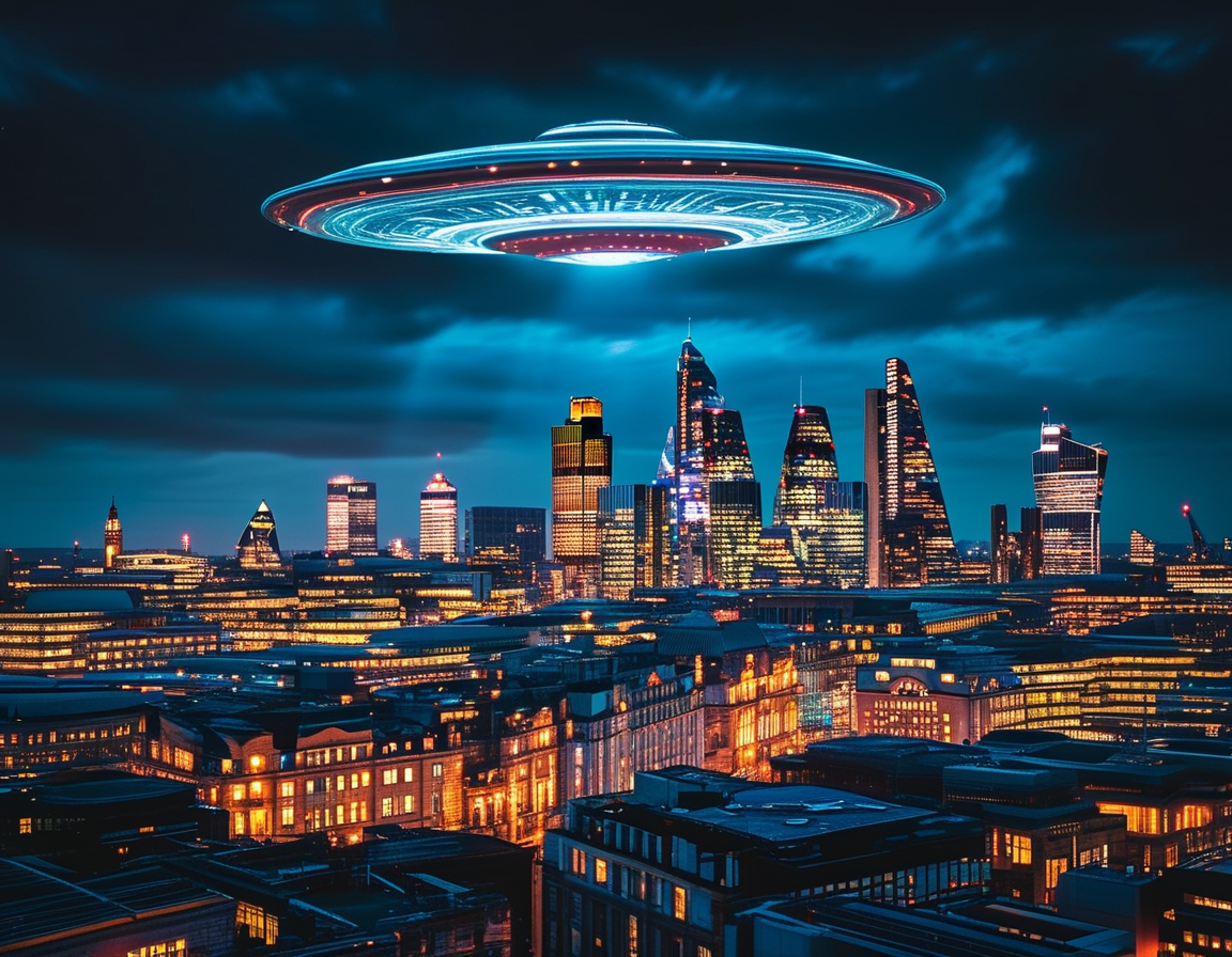 An artistic representation of a triangular UFO hovering in the sky above a police car, emphasizing the intrigue and mystery surrounding notable UFO sightings in British history.