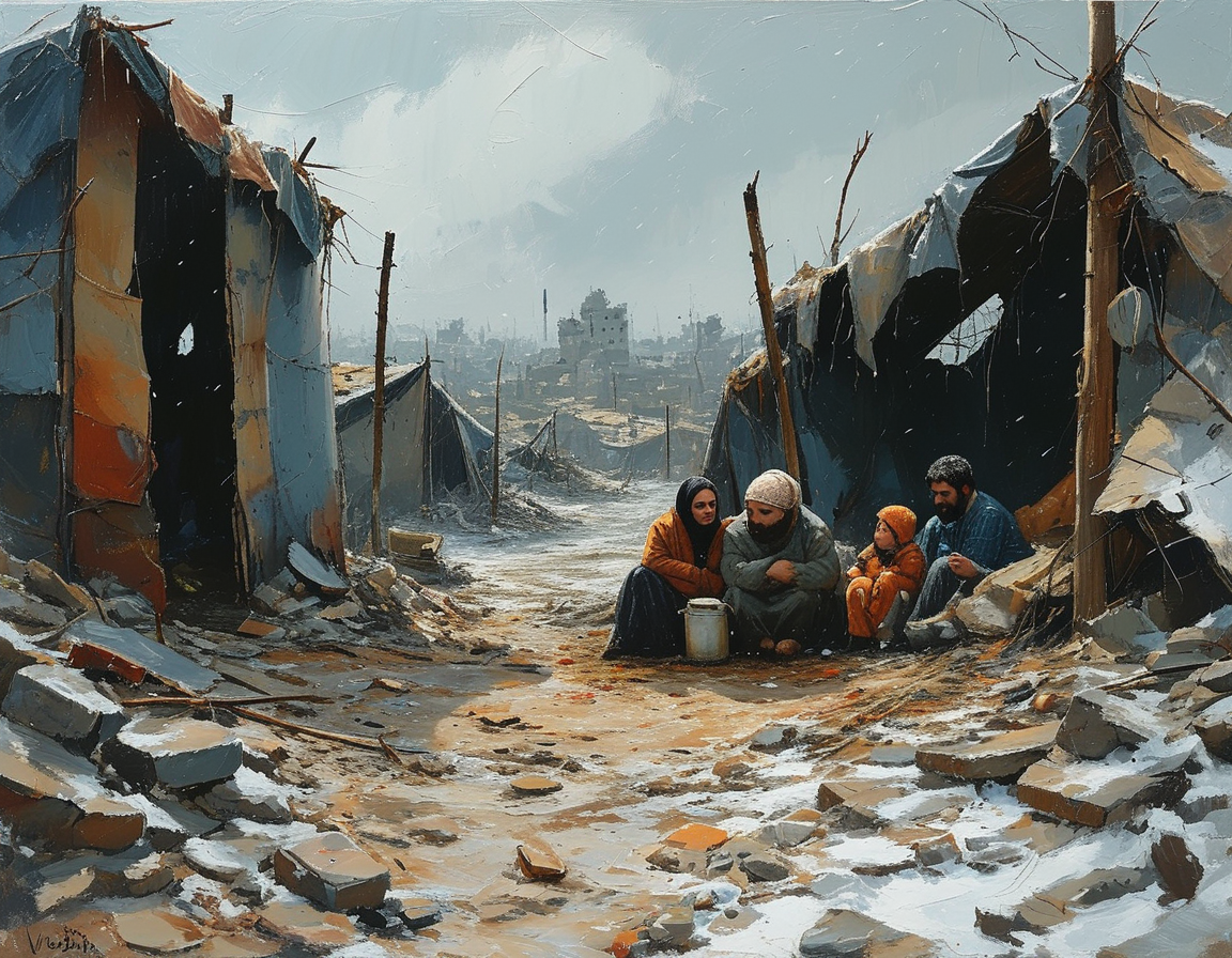 A somber scene depicting a family huddled together for warmth in a makeshift shelter within Gaza, surrounded by rubble and the harsh winter environment, emphasizing their struggle for survival amidst the conflict.