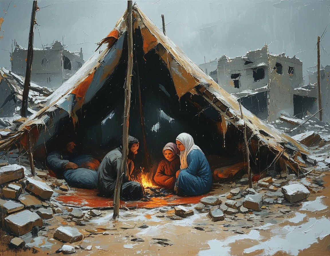 An aerial view of a devastated neighborhood in Gaza, illustrating the extent of destruction caused by airstrikes, with families trying to stay warm outside as winter temperatures drop.