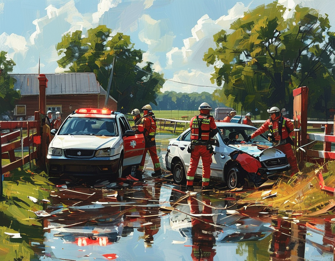 An image showing the aftermath of a two-car crash with one of the vehicles lodged against a horse property gate; emergency responders are assisting the injured drivers nearby, highlighting the accident's impact.
