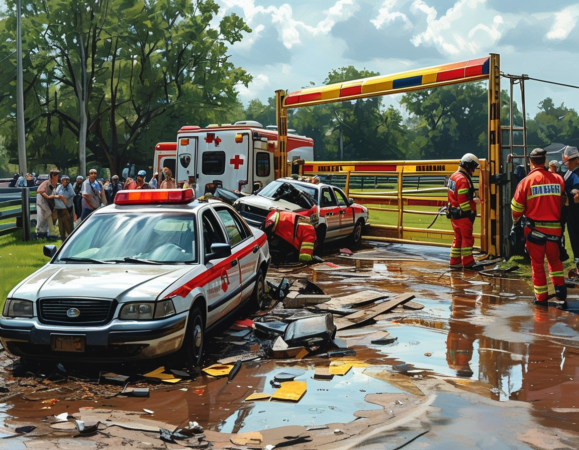 A view of the accident scene on Atlantic Avenue showing tire marks on the embankment and the damaged gate of the horse property, with police tape cordoning off the area.