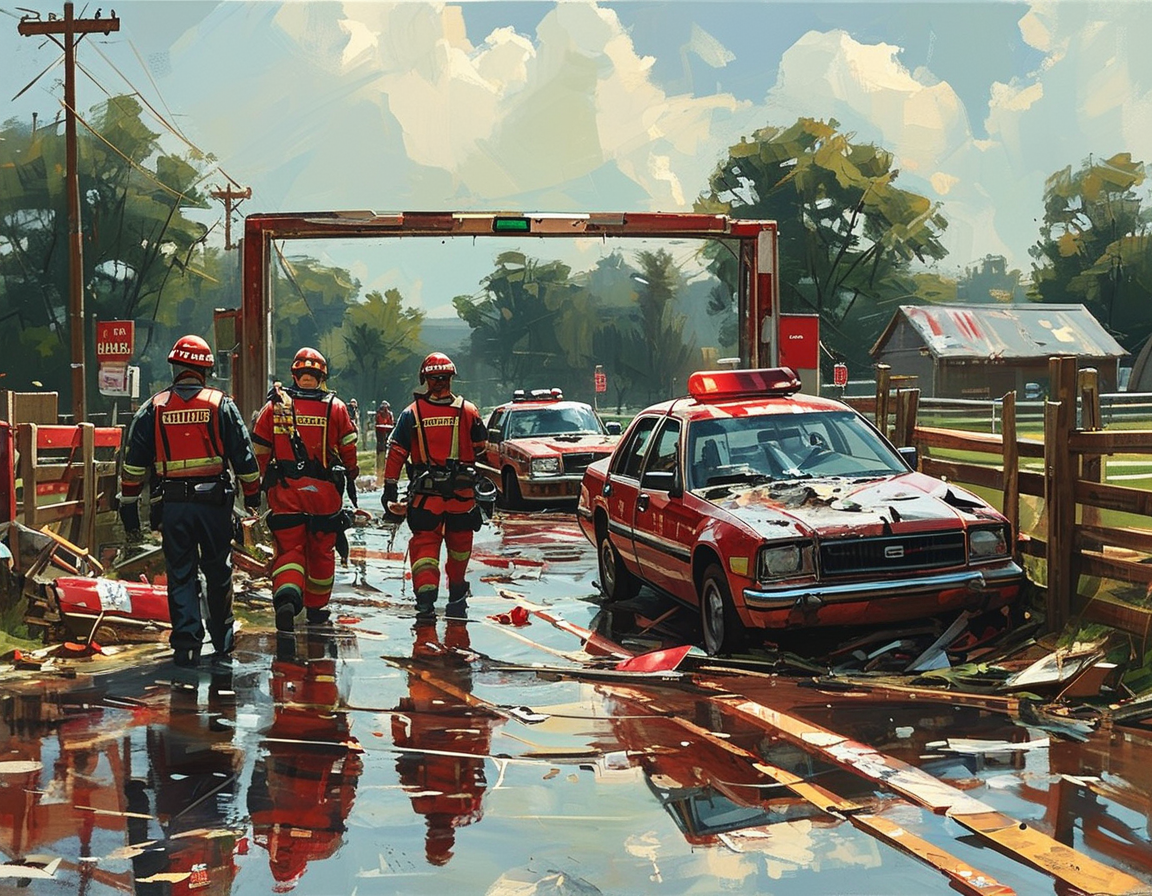 A close-up of the damaged vehicle that crashed into the horse property, with emergency medical personnel attending to the scene, illustrating the urgency of the situation.