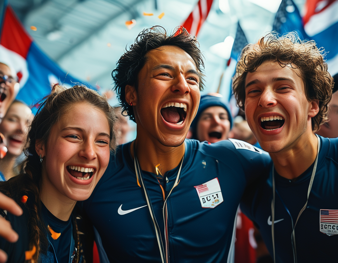 An exhilarating scene capturing Team USA players celebrating their hard-fought victory on the ice, with fans in the background displaying flags and cheering loudly. The players are drenched in excitement, depicting pure joy and accomplishment.