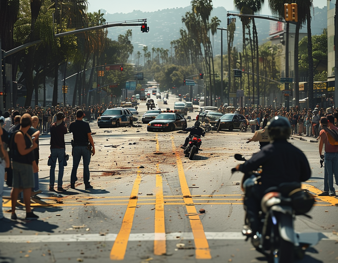 A somber image of a man performing CPR on a victim in the street, with emergency responders arriving and the busy Los Angeles streets in the background, emphasizing the urgency of the situation.