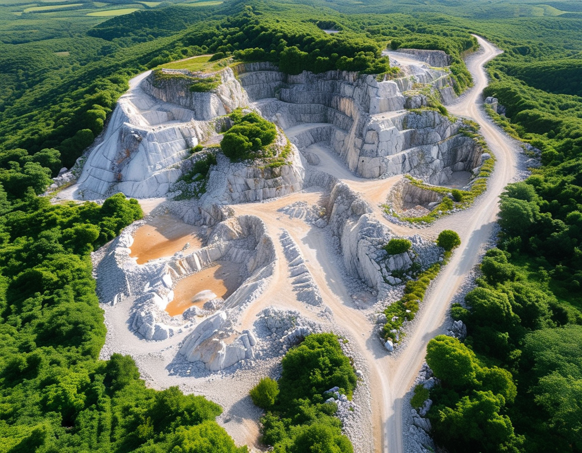 An aerial view of the limestone quarry at Dewars Farm, showcasing a series of well-preserved dinosaur tracks etched into the ground, surrounded by lush green vegetation.