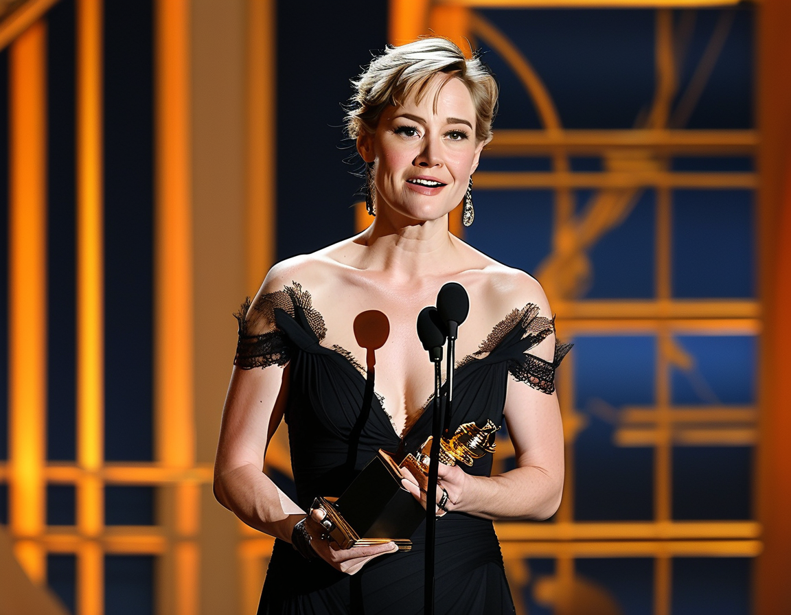 Demi Moore sits in the audience at the Golden Globes, surrounded by fellow nominees, looking both surprised and joyful, encapsulating the moment of her historic win.