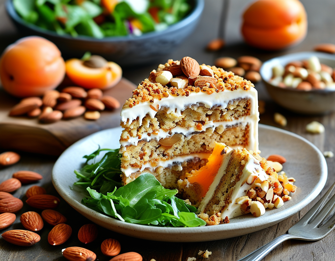 A vibrant display of almond-based dishes including almond cakes, smoothies, salads, and homemade nut butter, showcasing their rich textures and colors on a wooden table.
