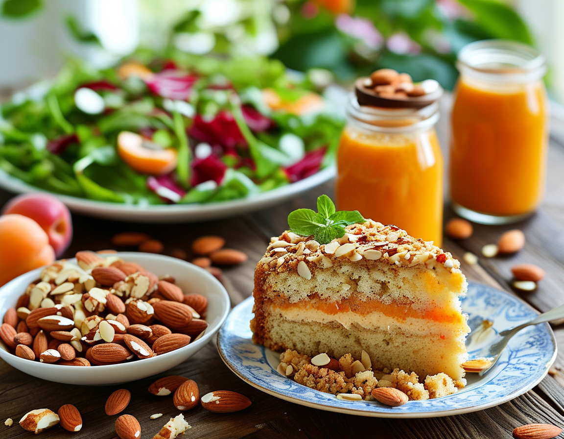 An assortment of homemade snacks including granola, chia pudding, and overnight oats, all carefully arranged to illustrate the deliciousness and health benefits of almond-based recipes.