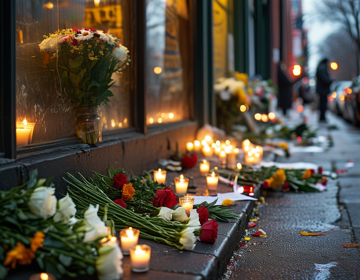 A somber scene outside a Harlem deli, with flowers and candles placed in memory of Ray Hodges, the postal worker killed in a stabbing incident over a line dispute.