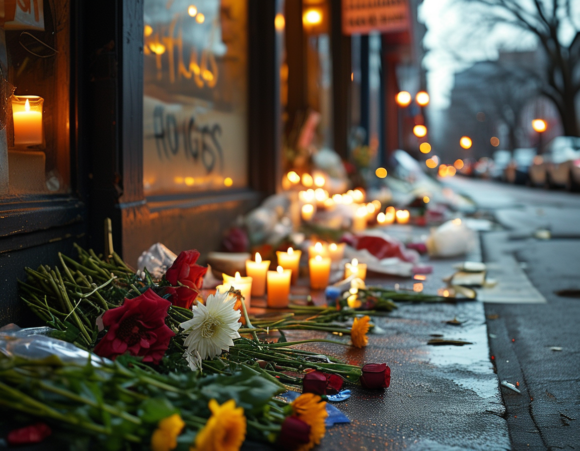 A close-up of a knife, symbolizing the weapon used in the fatal incident, with a blurred background of a bustling deli, reflecting on the dangers present in routine situations.