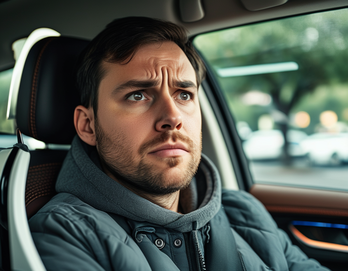 A man inside a self-driving car looking bewildered, filming his experience as the vehicle circles a parking lot, reflecting the confusion of technology malfunctioning.