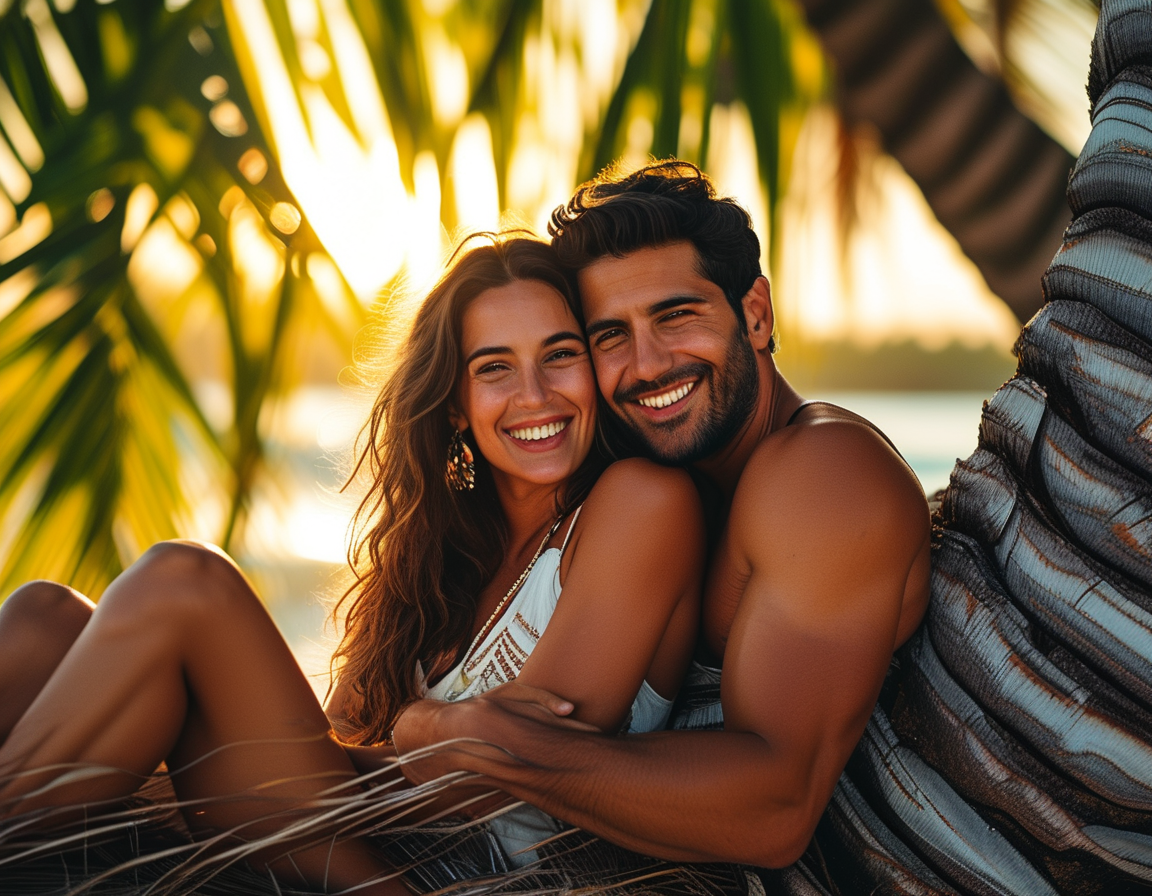 A vibrant image of Sam Asghari and Brooke Irvine joyfully lounging on a palm tree, embracing each other under the warm sun, symbolizing new love and happiness in a tropical paradise.