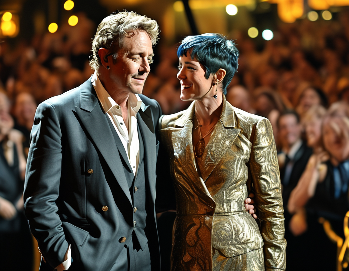 Elton John standing on stage at the Golden Globes, dressed in a sharp suit, sharing a light-hearted moment about his eyesight with Brandi Carlile while the audience laughs in the background.