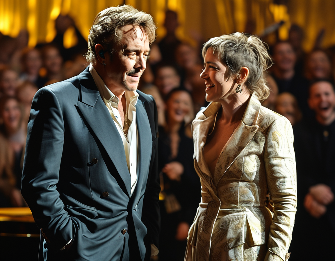 The Golden Globes stage with Elton John and Brandi Carlile, the atmosphere filled with laughter and warmth as they present the award for best original score.