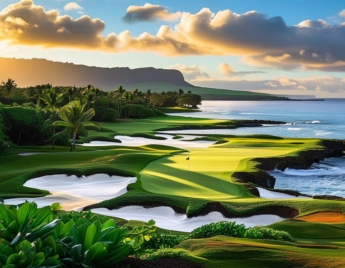 A stunning view of the Kapalua Plantation Course in Maui, with lush greenery and ocean views, showcasing the challenging golf layout and ideal conditions for the tournament.