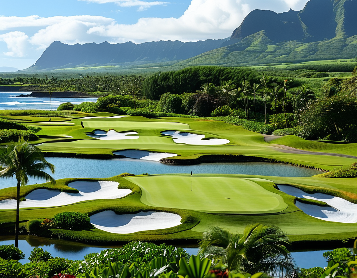 Hideki Matsuyama on the golf course, focused and poised, preparing to take a shot amidst the picturesque Hawaiian landscape behind him.