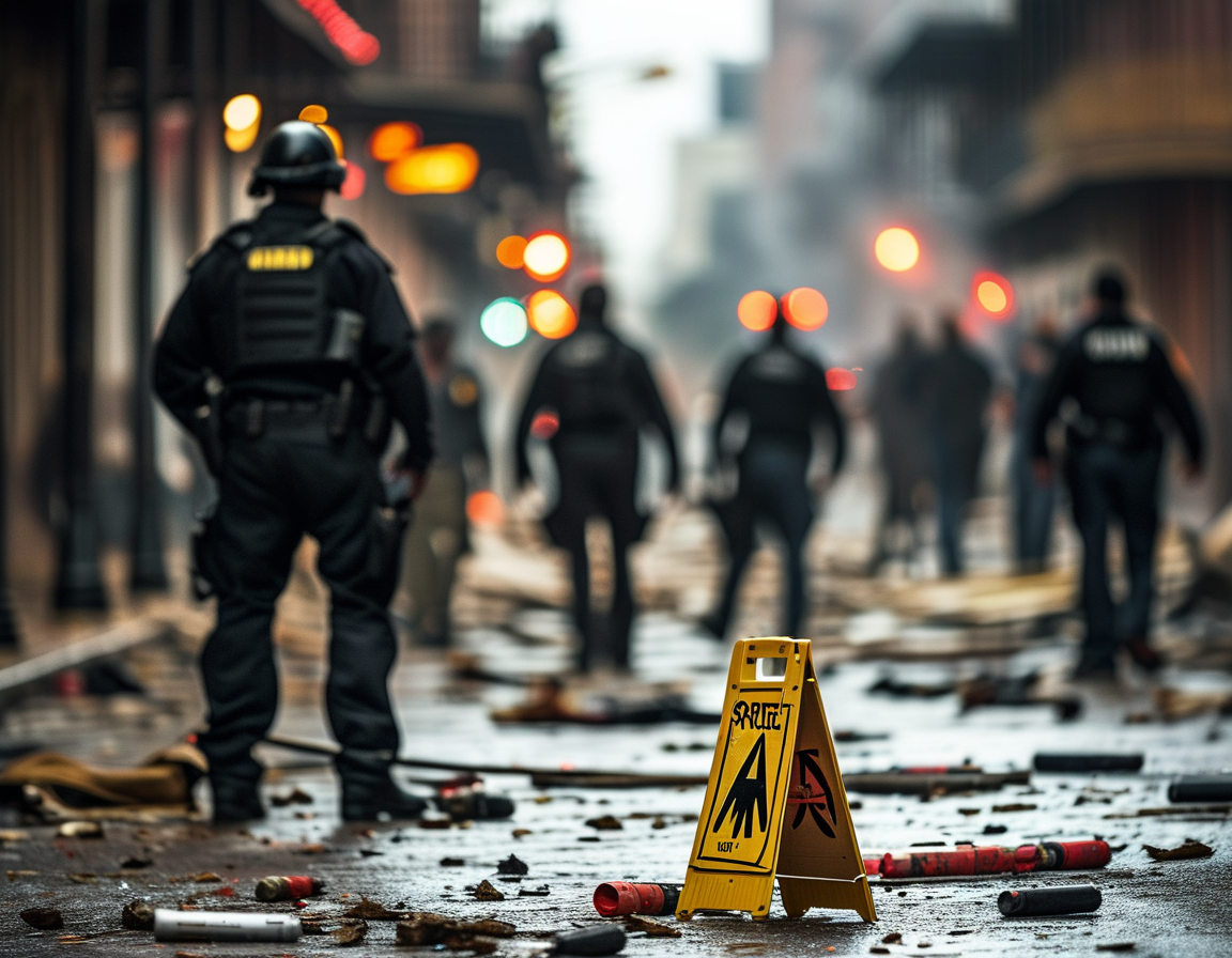 An investigative scene in New Orleans, showcasing law enforcement at a crime scene with markers indicating the site of the bombings and crowds dispersed amidst chaos.