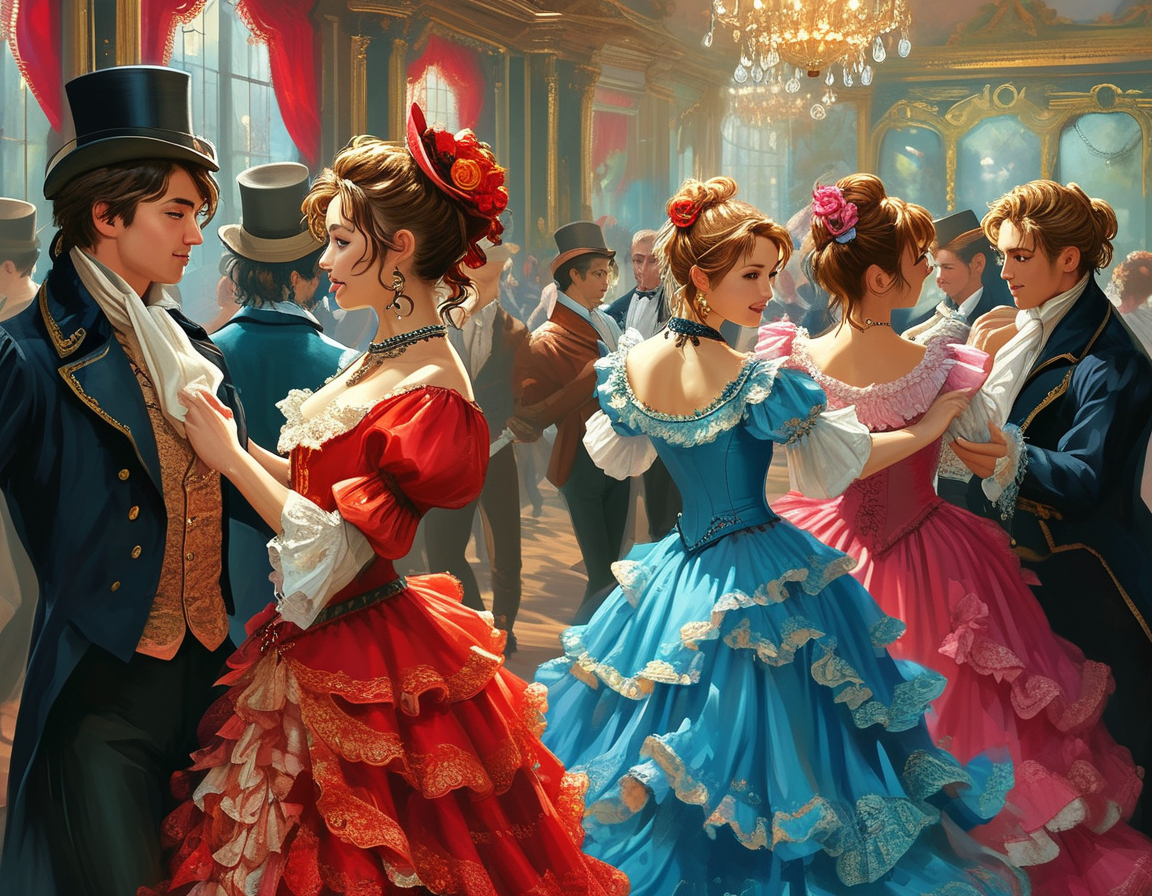 A vibrant Victorian-era ballroom scene, featuring diverse characters in period attire, engaging in lively conversation and dance, showcasing a dynamic mix of the past and present.