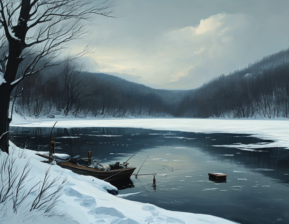 A somber winter scene depicting frozen Lake George, where the ice fishing accident occurred. The chilling atmosphere reflects the stark contrast between holiday joy and the harsh reality of loss.