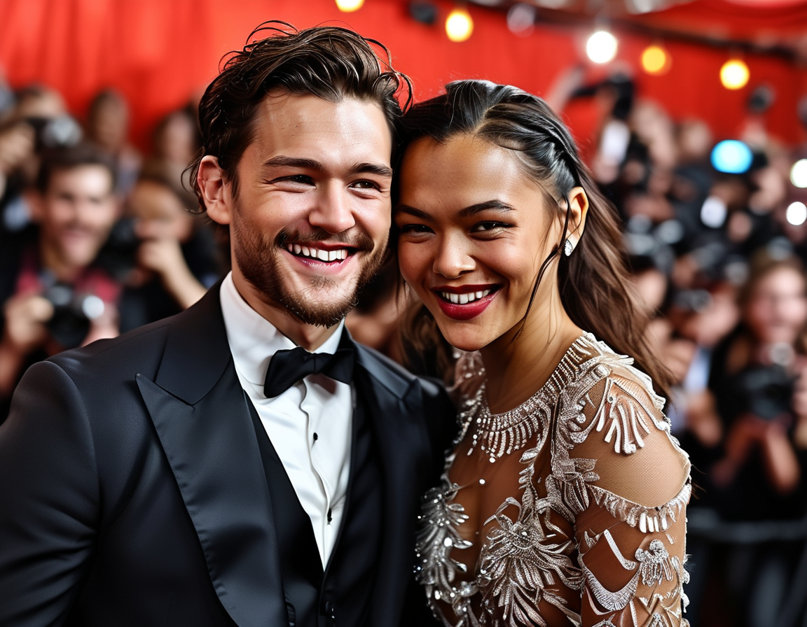 Zendaya and Tom Holland sharing a joyful moment, with Zendaya proudly displaying her exquisite 5.02-carat diamond engagement ring designed by Jessica McCormack. The backdrop is a glamorous red carpet event where fans and photographers surround them, thrilled by their love story.