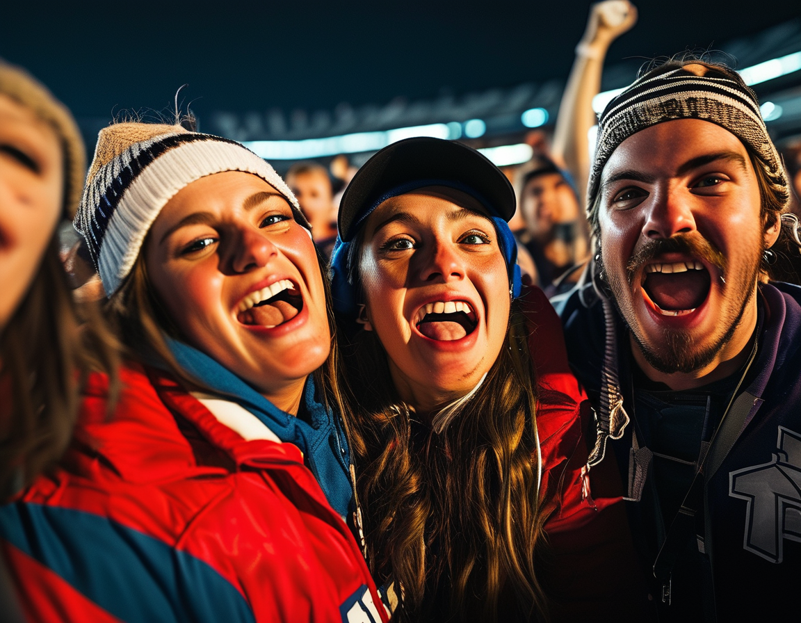 A vibrant scene at Ford Center in Frisco, Texas, filled with enthusiastic Montana State Bobcat fans wearing team colors, cheering and celebrating in a lively atmosphere.
