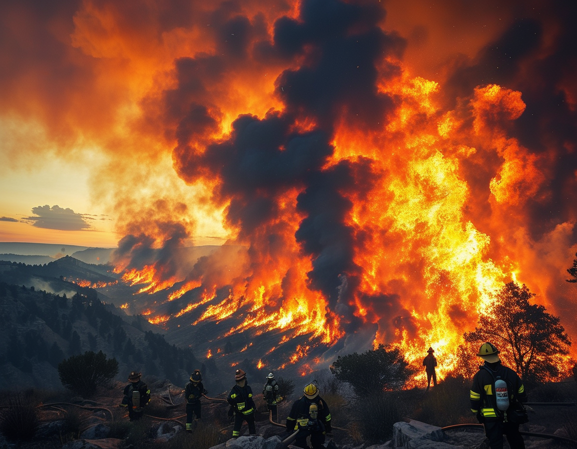 A dramatic sunset sky filled with ominous smoke from the Eaton Canyon Fire, with silhouettes of firefighters battling the blaze amidst flames and glowing embers.