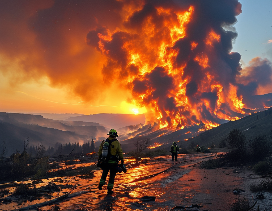 Residents hurriedly loading their cars with belongings, under the eerie orange glow of raging wildfire flames in the background, reflecting the urgency of evacuation.