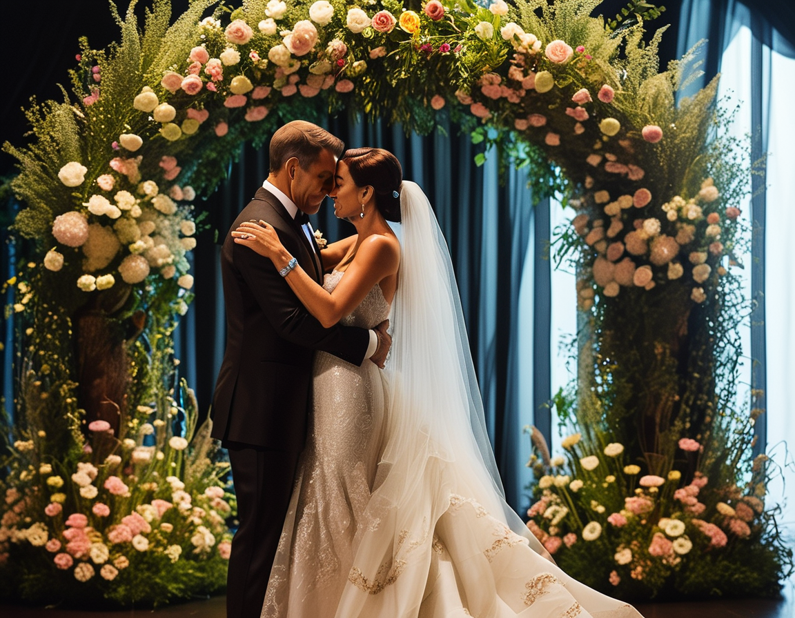An emotional moment captured at Jennifer Lopez and Ben Affleck's wedding, showcasing the couple in a romantic embrace as they pledge their love. The backdrop of a beautifully decorated venue symbolizes their grand yet fleeting fairytale.