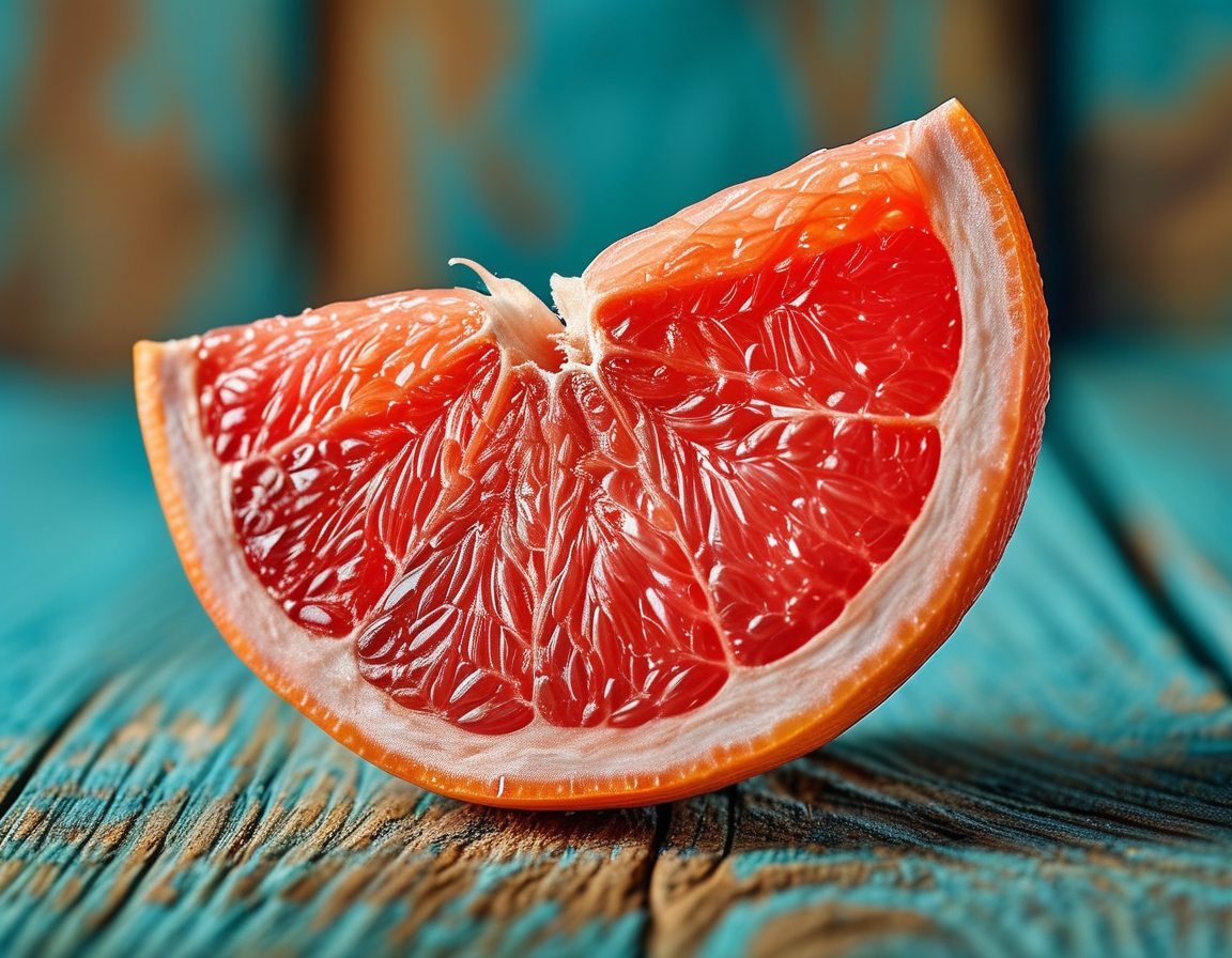 A vibrant, textured close-up of grapefruit peels against a bright wooden background, showcasing their colorful, zesty exterior, which highlights their potential culinary and health benefits.