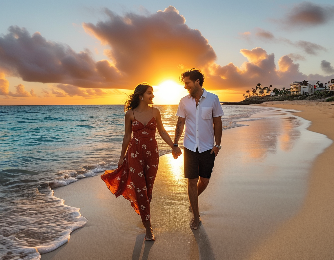 Camila Cabello and Henry Chalhoub walking hand-in-hand along the golden sandy beach of St. Barts, with a vibrant sunset casting a warm glow over their joyful faces.