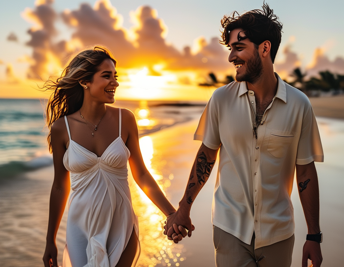 The picturesque scenery of St. Barts showcasing lush greenery, luxury yachts in the sparkling blue water, and celebrity-style beach lounging, highlighting the idyllic setting for romance.
