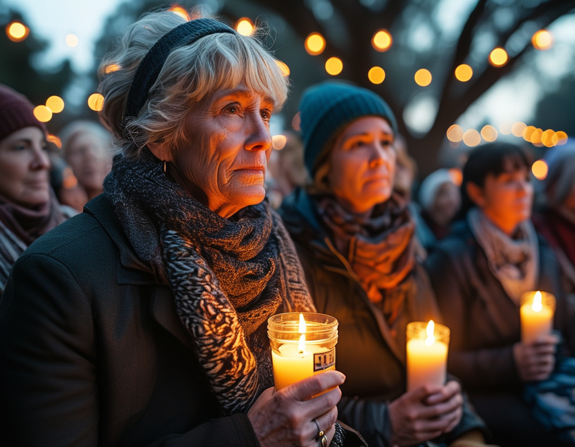 A gathering of community members in Fullerton, California, holding candles in remembrance of Kelly and Pascal Reid, reflecting the sorrow and support in the air.