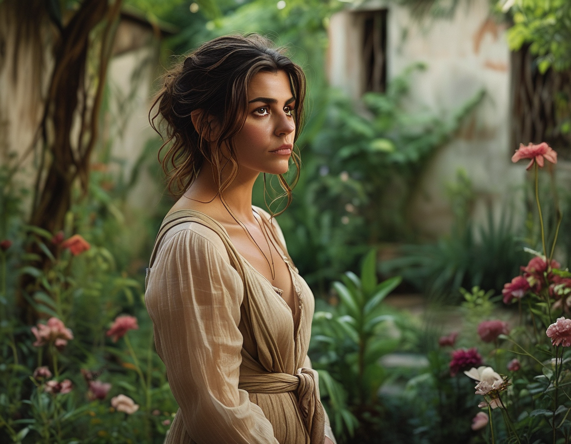 Aubrey Plaza standing in a serene garden, looking contemplative, reflecting her emotional journey and the need for privacy during a challenging time of loss.