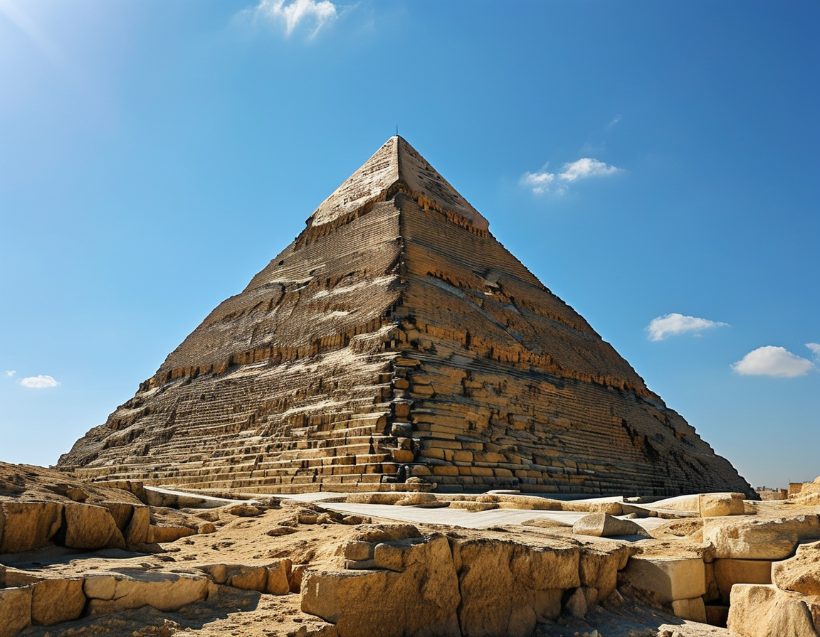 A breathtaking view of the Great Pyramid of Giza under a clear blue sky, symbolizing the architectural achievements of the pharaohs and their connection to divine power.