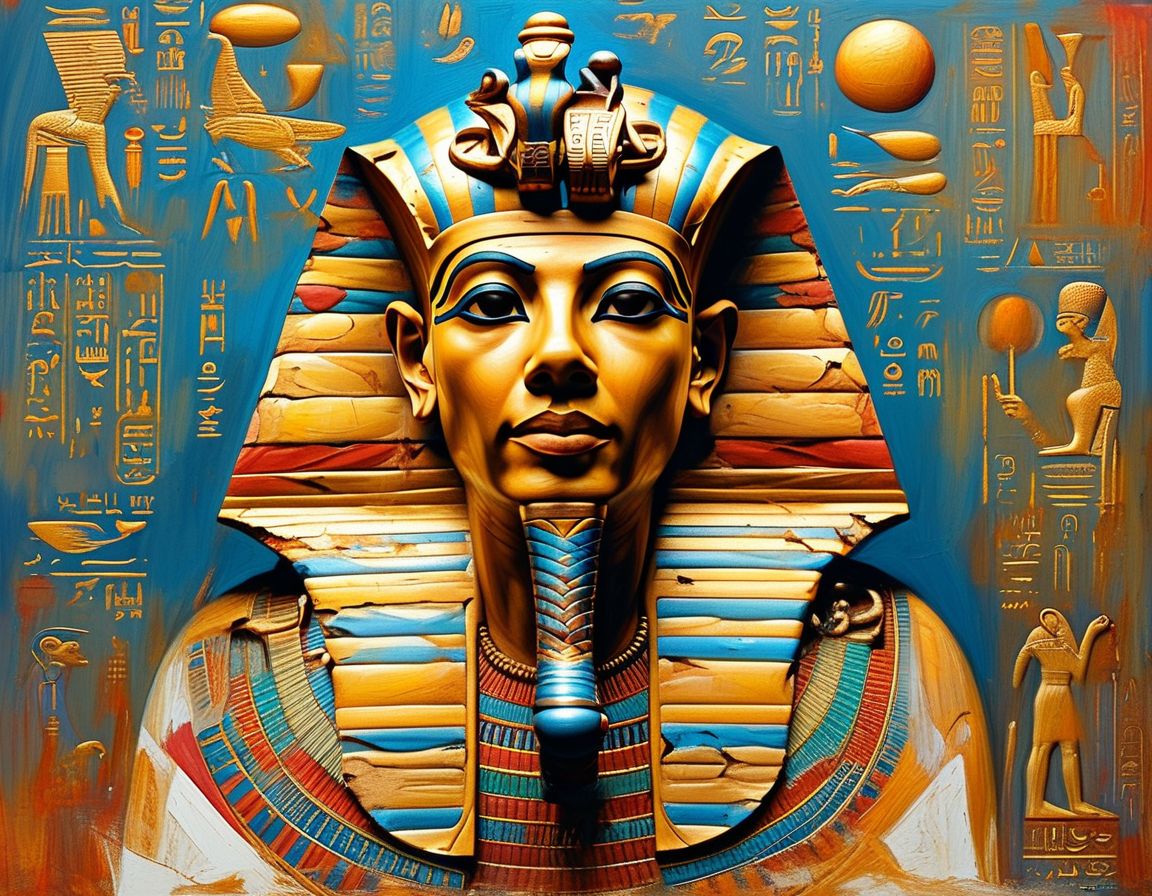 A vibrant illustration of a pharaoh in traditional garb, crowned with the double crown of Upper and Lower Egypt, surrounded by ancient symbols and hieroglyphs representing power and divinity.