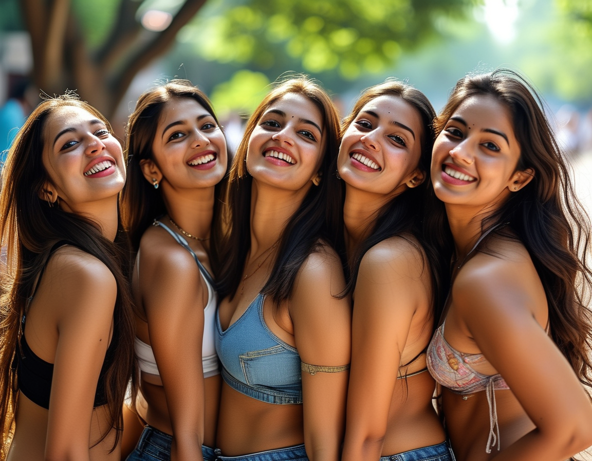 A group of Indian girls with curvy bodies joyfully enjoying a day out, showcasing their confidence and diversity, reflecting modern beauty standards.