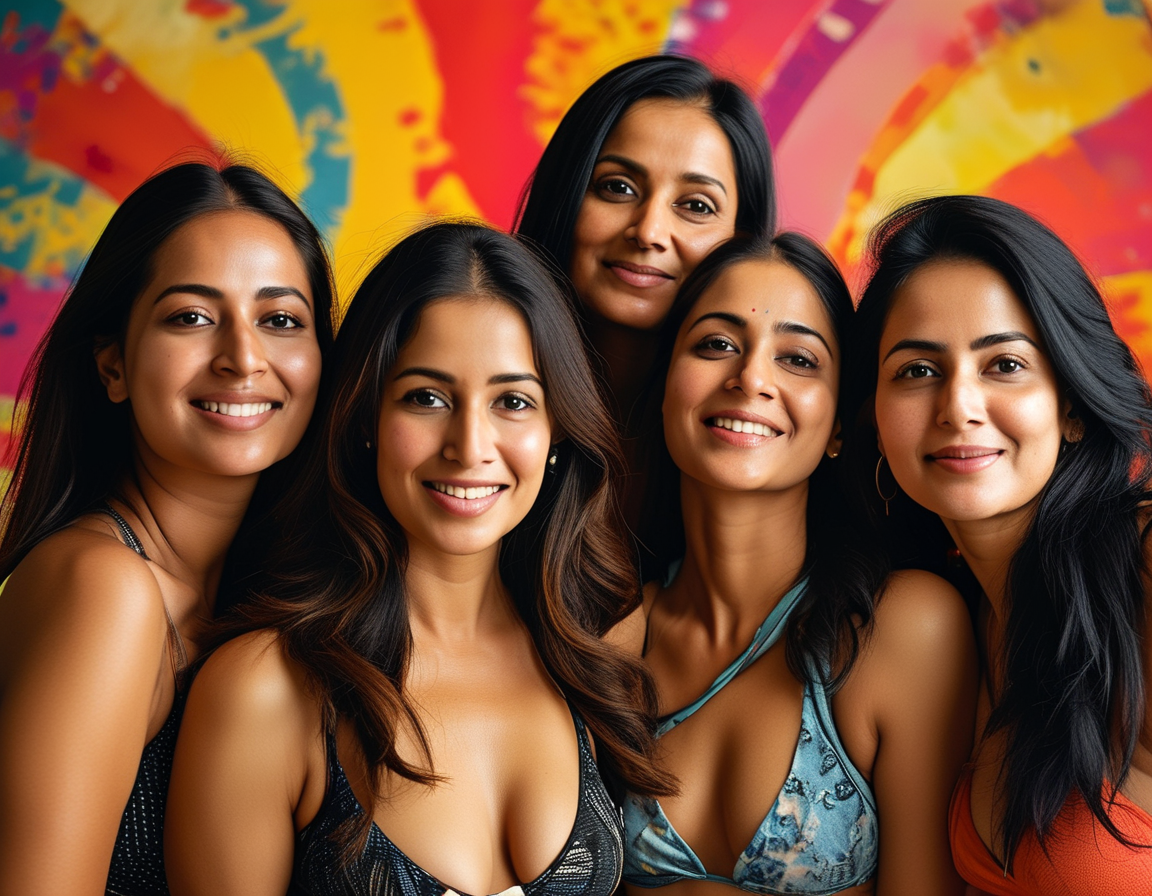 A group of confident Indian women with diverse body types posing together, showcasing their curves and celebrating body positivity against a vibrant cultural backdrop.
