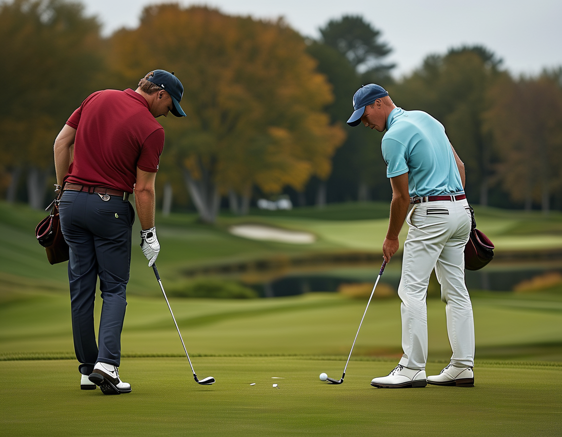 An action shot of Nicolai and Rasmus Højgaard playing golf on the prestigious Augusta National Golf Club course, showcasing their determination and focus as they prepare for the Masters Tournament.