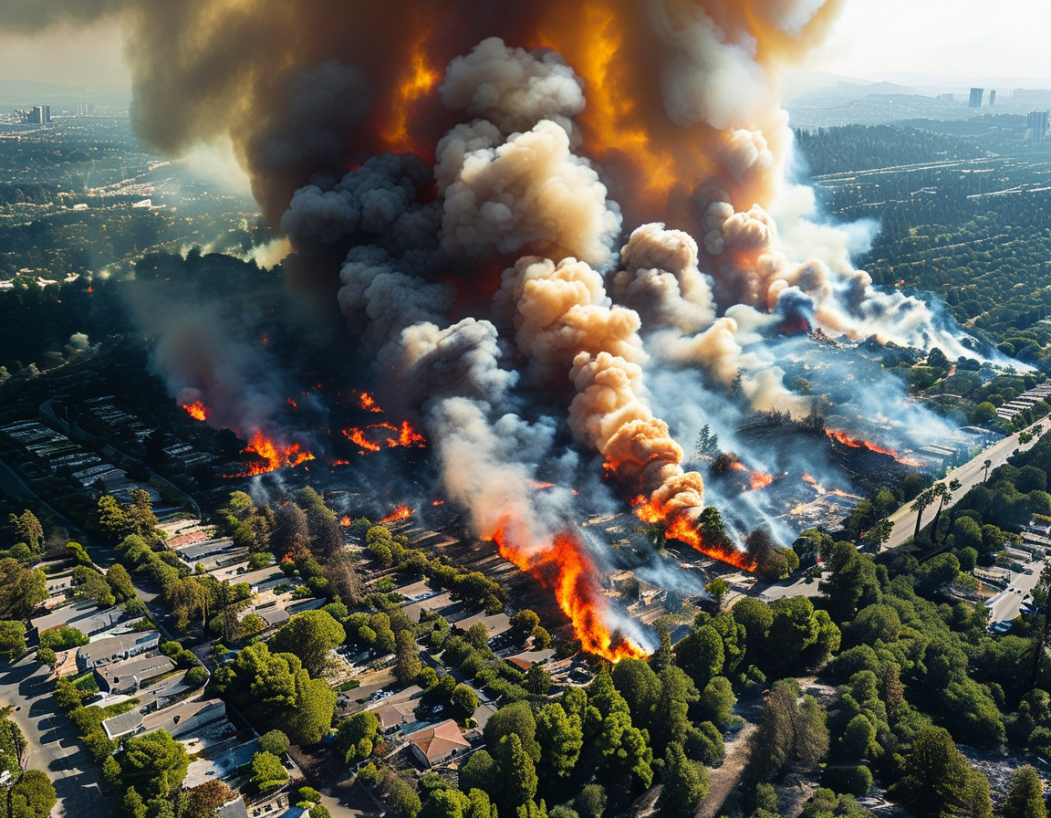 Aerial view of wildfires engulfing neighborhoods in Los Angeles, showing the destruction and the dark smoke billowing into the sky against a backdrop of flames and ash-covered landscapes.