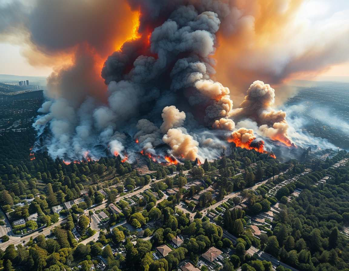 Firefighters battling a massive blaze in a residential area, with flames towering over the homes, as residents evacuate with their belongings in the foreground.