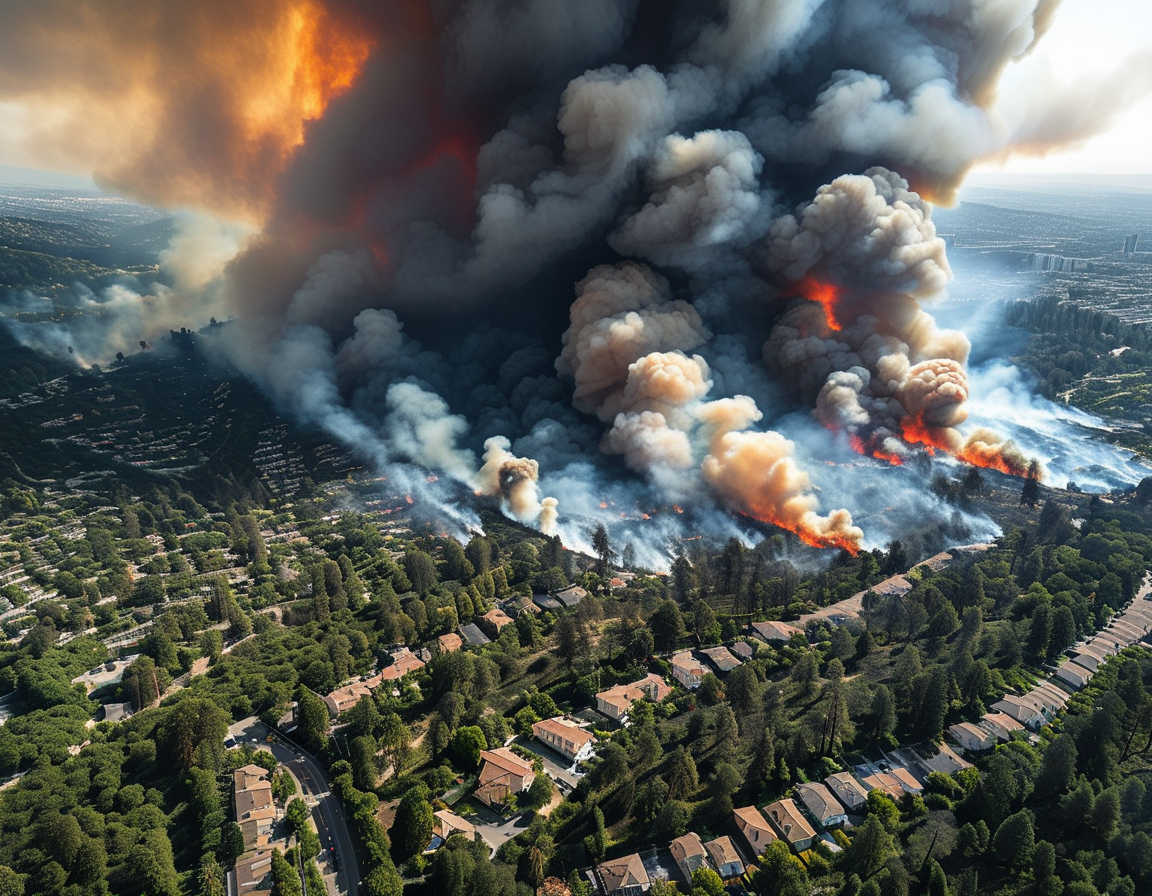 A somber scene of charred remains of houses and trees in a neighborhood, with firefighters assessing the damage while smoke lingers in the air.