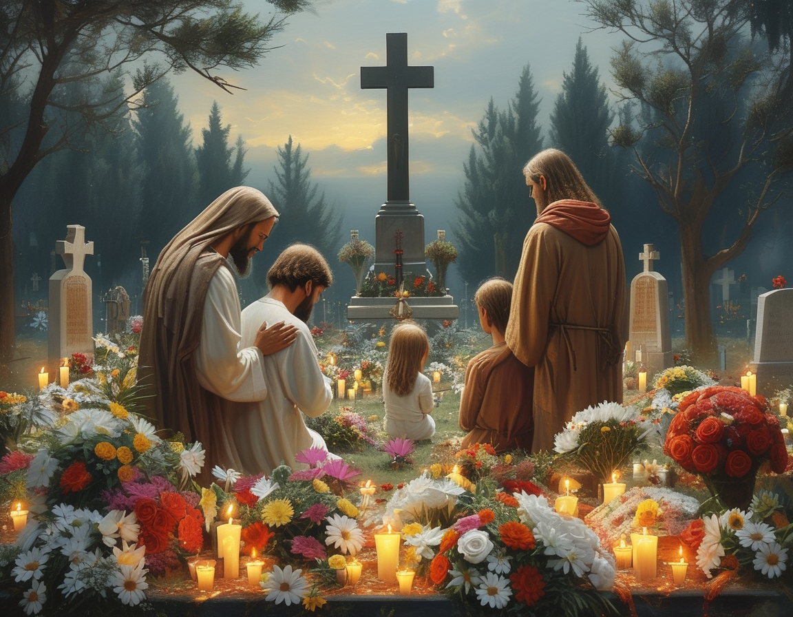 A somber scene depicting a family mourning at a gravesite, surrounded by flowers and candles, representing the loss of Jesus Macias and the call for justice.