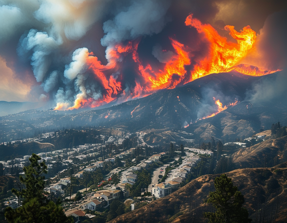 A dramatic image of the Hollywood Hills engulfed in flames and smoke, showcasing the devastating impact of wildfires on the landscape and communities.